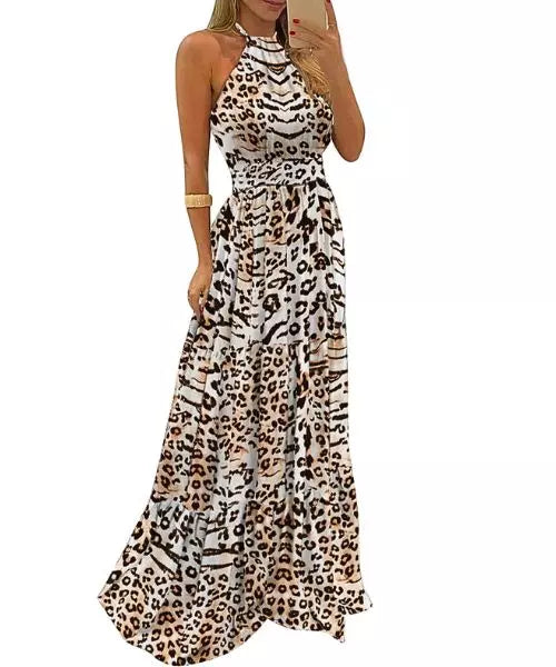 Vestido Feminino Longo Estampado com Decote nas Costas