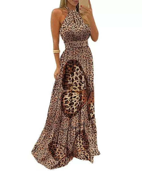Vestido Feminino Longo Estampado com Decote nas Costas