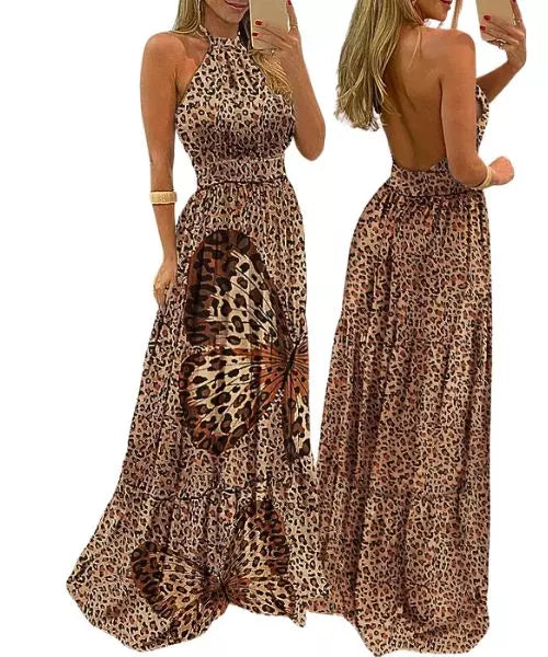 Vestido Feminino Longo Estampado com Decote nas Costas