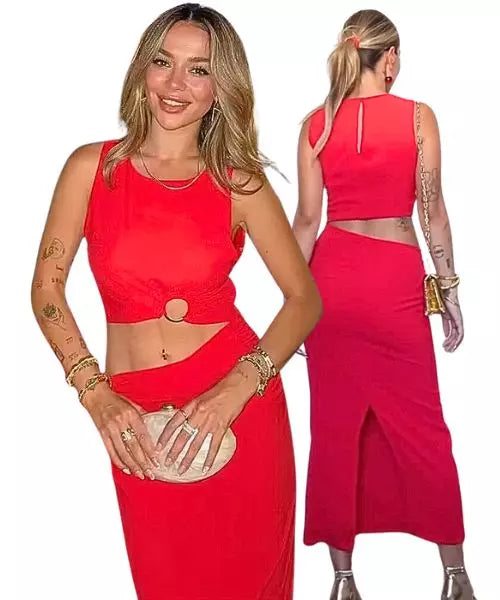 Vestido Feminino  Midi Justo Decote Barriga e Costa