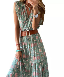 Vestido Longo Floral Decote em V com Cinto