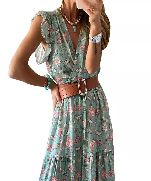 Vestido Longo Floral Decote em V com Cinto