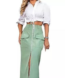 Conjunto Feminino Cropped Meia Manga e Saia Midi