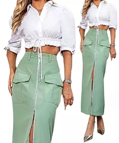 Conjunto Feminino Cropped Meia Manga e Saia Midi