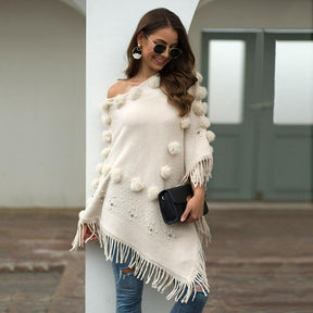 Poncho Feminino de Malha Suéter Estiloso com Pompom Miçangas e Franja Outono/ Inverno - Eu Piro - Descontos de pirar