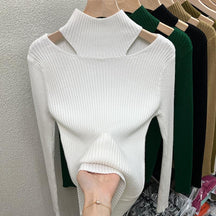 Suéter Feminino Meia Gola Alta Tricotado com Fundo Vazado Ombro de Fora Blogueirinha - Eu Piro - Descontos de pirar